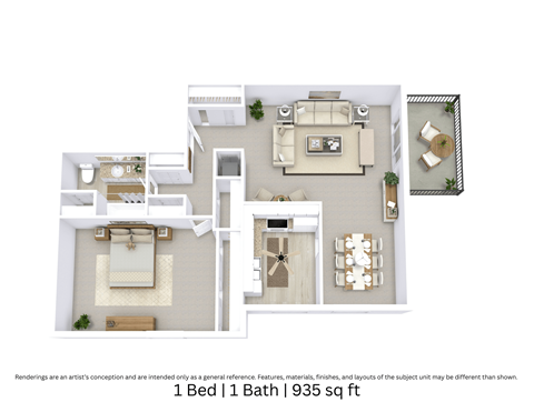 Floor plan for 1 bed, 1 bath, 935 sqft